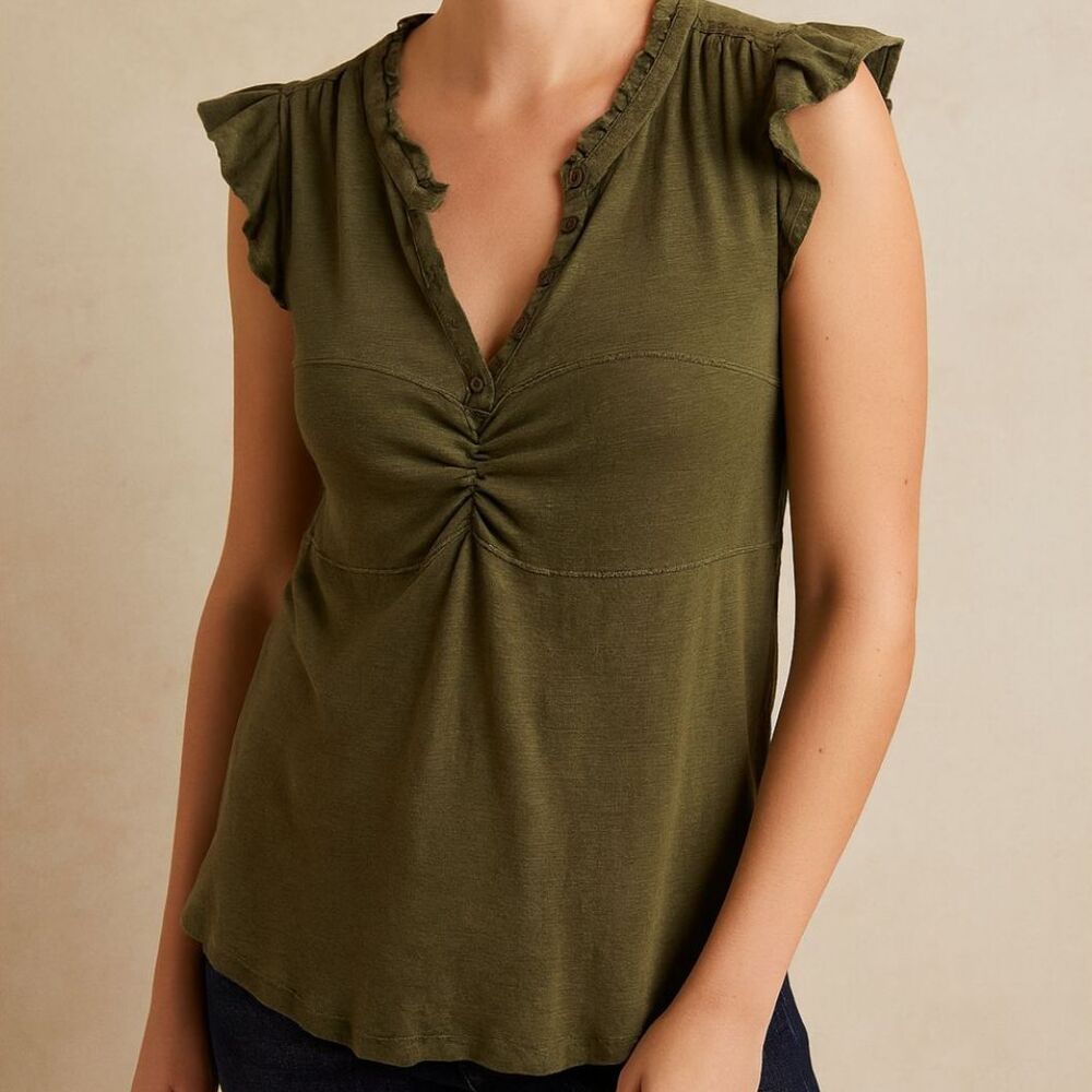 Anthropologie Pilcro Olive Green Ruffle Sleeve Henley Tank Top Size Medium